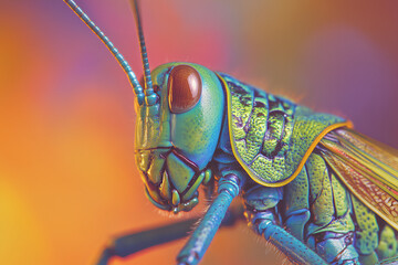Close-up portrait of a vibrant green and blue grasshopper with a large red eye against a colorful background.