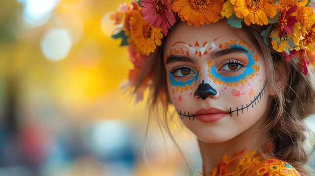 Produce an authentic portrayal of a person in a school Halloween costume, exuding focus and positivity against a blurred background