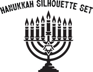 
Menorah Silhouette. Candlesticks silhouette, Hanukkah set. Black and white isolated vector illustration. lack silhouette of chanukiah set hanukkah, hanukkah, menorah and lights ceremony silhouette. 