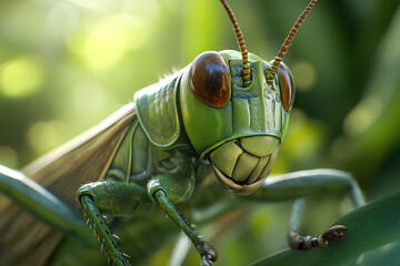 A close-up of a green grasshopper with large brown eyes, perched on a leaf with a blurred background.