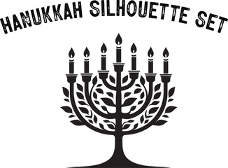 
Menorah Silhouette. Candlesticks silhouette, Hanukkah set. Black and white isolated vector illustration. lack silhouette of chanukiah set hanukkah, hanukkah, menorah and lights ceremony silhouette. 