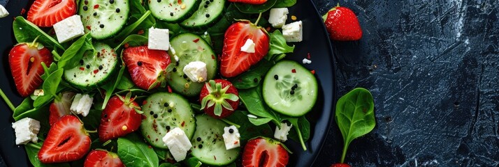 Colorful Salad Featuring Strawberries, Spinach, Cucumbers, and Feta Cheese in Overhead View with Space for Text in Flat Lay Arrangement
