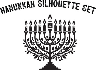 
Menorah Silhouette. Candlesticks silhouette, Hanukkah set. Black and white isolated vector illustration. lack silhouette of chanukiah set hanukkah, hanukkah, menorah and lights ceremony silhouette. 
