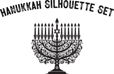 
Menorah Silhouette. Candlesticks silhouette, Hanukkah set. Black and white isolated vector illustration. lack silhouette of chanukiah set hanukkah, hanukkah, menorah and lights ceremony silhouette. 