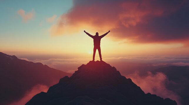75. A person standing on a mountaintop, victorious expression