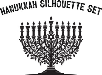 
Menorah Silhouette. Candlesticks silhouette, Hanukkah set. Black and white isolated vector illustration. lack silhouette of chanukiah set hanukkah, hanukkah, menorah and lights ceremony silhouette. 