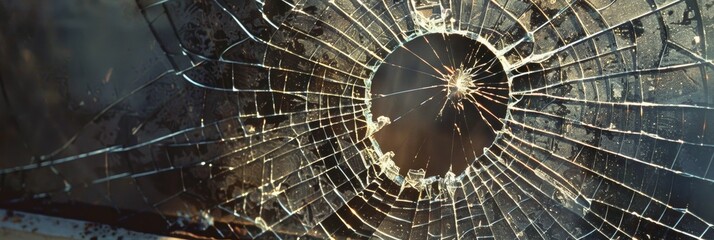 Fototapeta premium Square image featuring a circular fracture in glass with spiderweb-like shards indicating significant damage.
