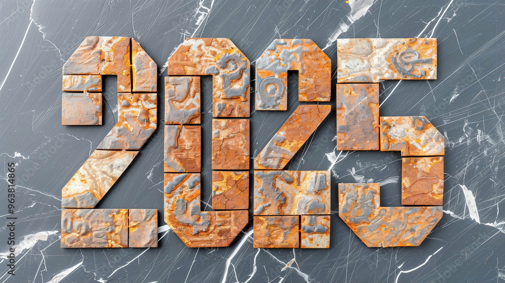 Poster numbers 2025 graphic design representation on textured background with rustic elements