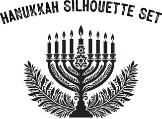 
Menorah Silhouette. Candlesticks silhouette, Hanukkah set. Black and white isolated vector illustration. lack silhouette of chanukiah set hanukkah, hanukkah, menorah and lights ceremony silhouette. 