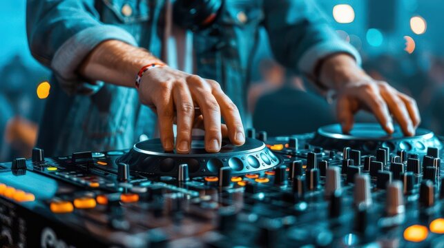 A DJ mixing tracks at a vibrant party, musical theme, front view, lively and energetic, cybernetic tone, Tetradic color scheme