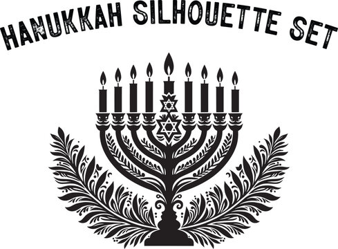 
Menorah Silhouette. Candlesticks silhouette, Hanukkah set. Black and white isolated vector illustration. lack silhouette of chanukiah set hanukkah, hanukkah, menorah and lights ceremony silhouette. 