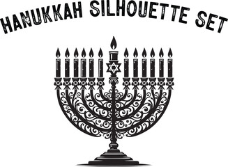 
Menorah Silhouette. Candlesticks silhouette, Hanukkah set. Black and white isolated vector illustration. lack silhouette of chanukiah set hanukkah, hanukkah, menorah and lights ceremony silhouette. 