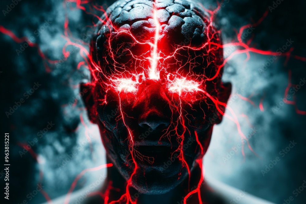 Aufkleber neuroimaging hippocampal structure and axon potential human head with glowing red energy emanating f