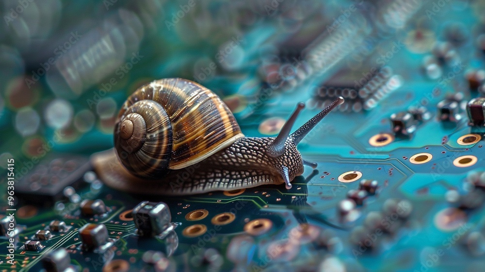 Poster snail on a circuit board with a vibrant background, representing the intersection of nature and tech