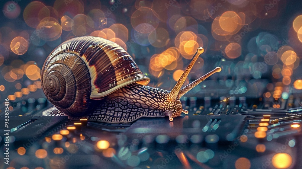 Poster snail exploring a microchip, symbolizing the merging of organic life and advanced technology.