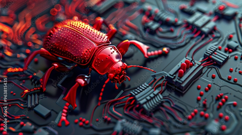 Poster futuristic red beetle crawling on a circuit board, blending biology with advanced tech in a unique c