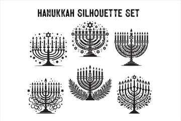 
Menorah Silhouette. Candlesticks silhouette, Hanukkah set. Black and white isolated vector illustration. lack silhouette of chanukiah set hanukkah, hanukkah, menorah and lights ceremony silhouette. 
