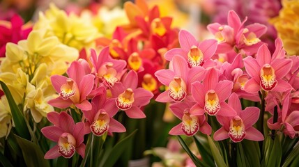 A vibrant display of Cymbidium orchids, with their large blooms in shades of pink and yellow