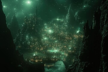 Underwater cave with glowing bioluminescent plankton creating ethereal, glowing green environment