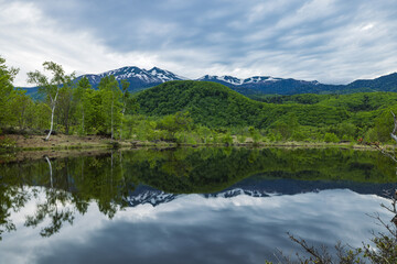 日本　長野県松本市安曇の乗鞍高原　まいめの池に鏡面上に映る乗鞍岳