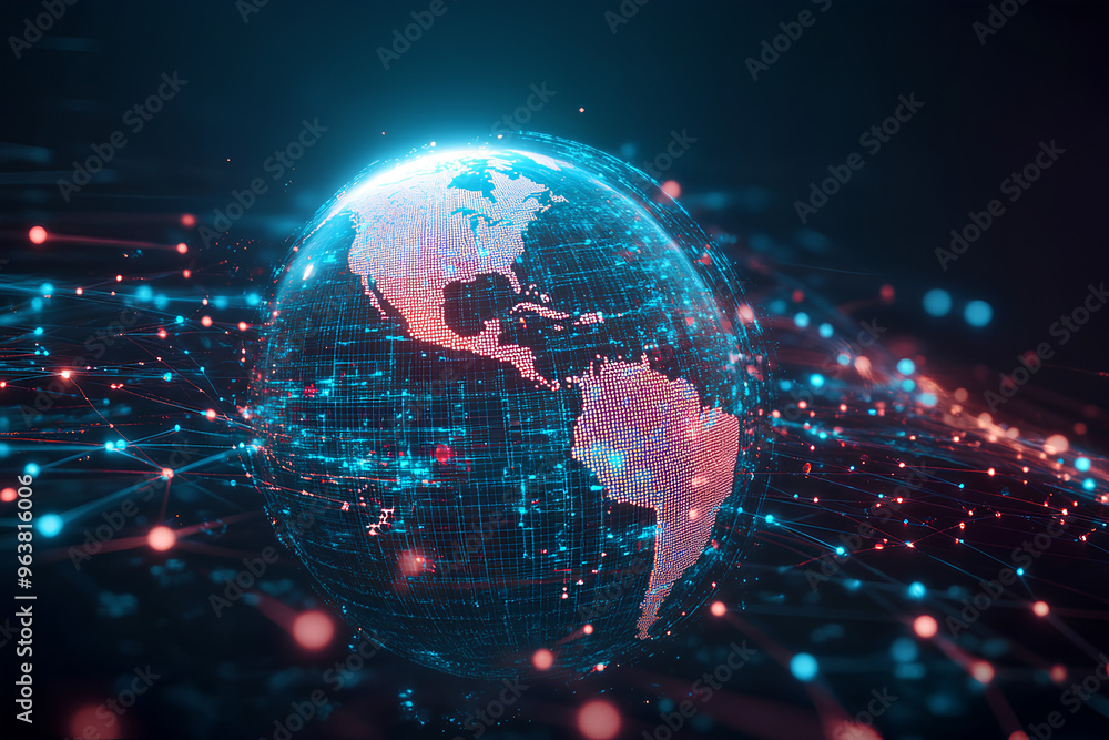 Poster a digital globe with glowing lines and dots representing a network connection.
