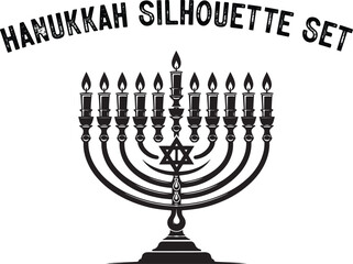 
Menorah Silhouette. Candlesticks silhouette, Hanukkah set. Black and white isolated vector illustration. lack silhouette of chanukiah set hanukkah, hanukkah, menorah and lights ceremony silhouette. 