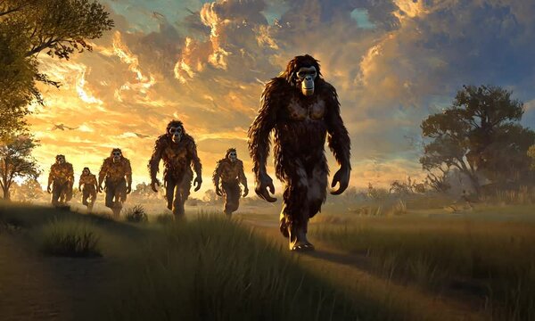 A Group of Prehistoric Apes Walking Through a Field at Sunset
