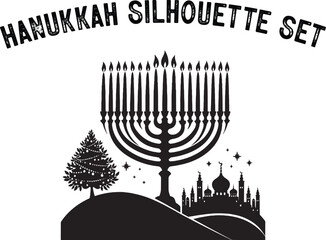 
Menorah Silhouette. Candlesticks silhouette, Hanukkah set. Black and white isolated vector illustration. lack silhouette of chanukiah set hanukkah, hanukkah, menorah and lights ceremony silhouette. 