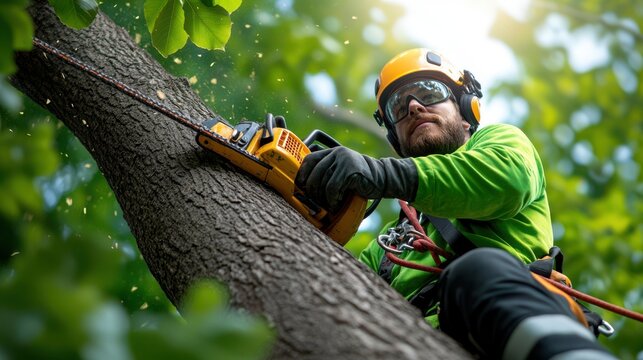 Lumberjack Cutting Tree Trunk with Chainsaw  Forest  Safety Gear