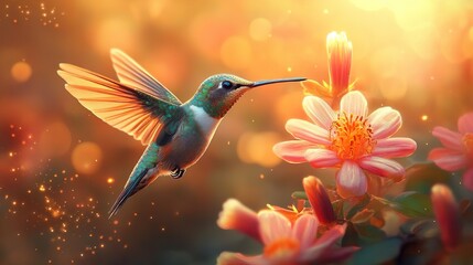 Naklejka premium Gentle flight hummingbird surrounded by vibrant blooming flowers natural background