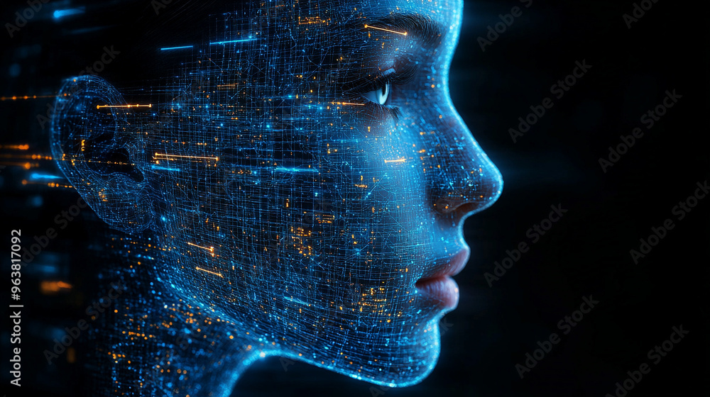 Poster 3d render of a complex digital neural network traversing the side of a human face, symbolizing the i