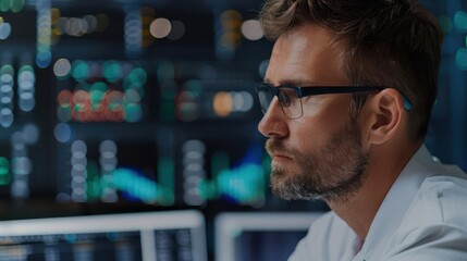 Bioinformatics specialist analyzing genetic data on multiple screens, biotechnology, computational biology advancements