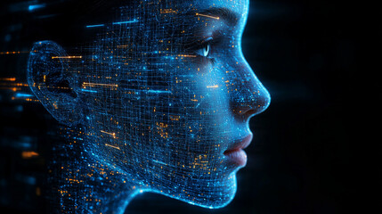 3D render of a complex digital neural network traversing the side of a human face, symbolizing the interconnectedness of human cognition, technology, and neural pathways in modern digital science