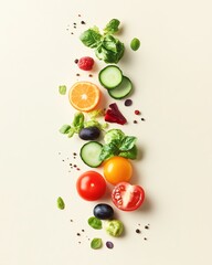 Fototapeta premium Fresh assorted fruits and vegetables on a light background with various spices, showcasing healthy, colorful ingredients for cooking.
