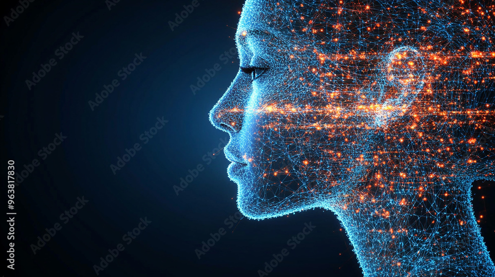 Poster 3d render of a complex digital neural network traversing the side of a human face, symbolizing the i