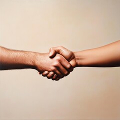 Two diverse hands shaking in agreement, symbolizing unity, partnership, and cooperation on a neutral background.