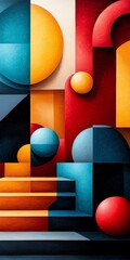 Vibrant geometric abstract background with colorful shapes, including circles and squares, creating a modern and dynamic composition.