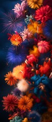 Vibrant explosion of fireworks and colorful flowers against a dark, dramatic background, creating a mesmerizing visual spectacle.