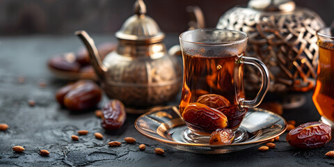Traditional arabic coffee with dates Ramadan decor with Arabian coffee set