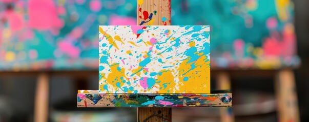 Colorful abstract painting on canvas placed on easel, vibrant splashes of paint create a dynamic art scene.