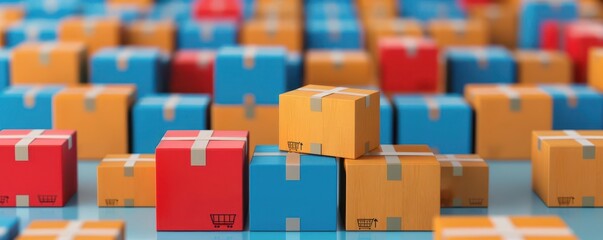 Obraz premium Colorful cardboard boxes stacked closely together, representing e-commerce, shipping logistics, and online retail packaging.