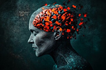 Neuroregeneration motor cortex and axon regeneration conceptual rendering of a human head with particles symbolizing brain damage and the effects of neurological diseases