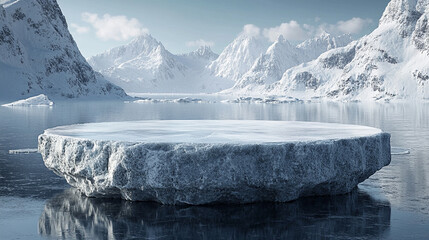 clear, minimalist crystal ice podium stands on a glacial surface, surrounded by frost. The scene conveys purity, elegance, and cold beauty, making it ideal for luxury product display and branding conc