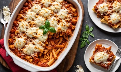 A decadent baked ziti with marinara sauce, ricotta, and melted mozzarella cheese..