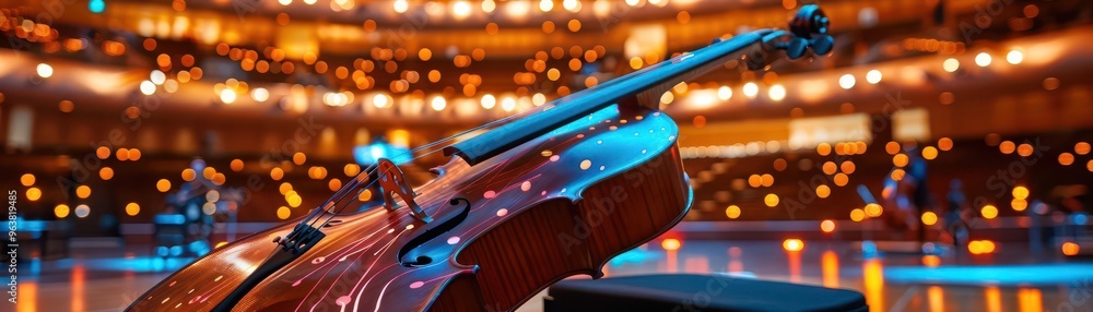 Wall mural digital cello, hologram strings, modern concert hall, sophisticated lighting