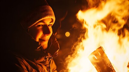 45. A person illuminated by a fire, warm expression