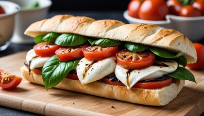 A fresh and flavorful caprese sandwich with mozzarella, tomatoes, basil, and balsamic glaze on ciabatta.