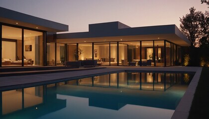 Fototapeta premium 3d render of a luxurious house. Modern house with solar panels and pool at dusk. Night view of a white two-story house with solar panel system. 21