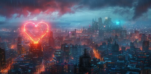 Obraz premium Futuristic cityscape with heart-shaped motifs in architecture and neon lights in turquoise blue and deep purple. Urban romance concept