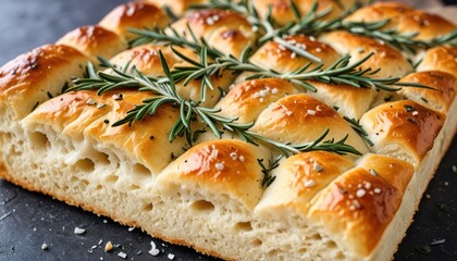A freshly baked focaccia bread topped with rosemary, garlic, and sea salt.